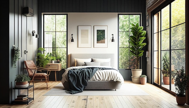 Una casa moderna al fondo con un acogedor dormitorio verde con muebles blancos y mesas de madera natural IA generativa