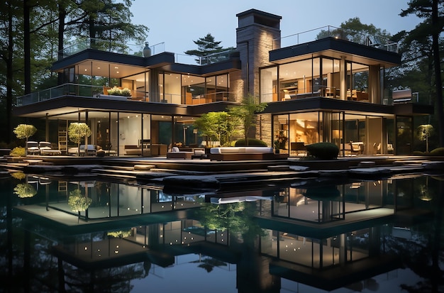 La casa moderna de un arquitecto con paredes de cristal y una piscina. Estilo plateado oscuro y verde claro.