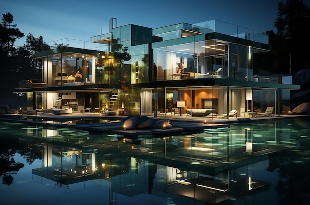 La casa moderna de un arquitecto con paredes de cristal y una piscina. Estilo plateado oscuro y verde claro.