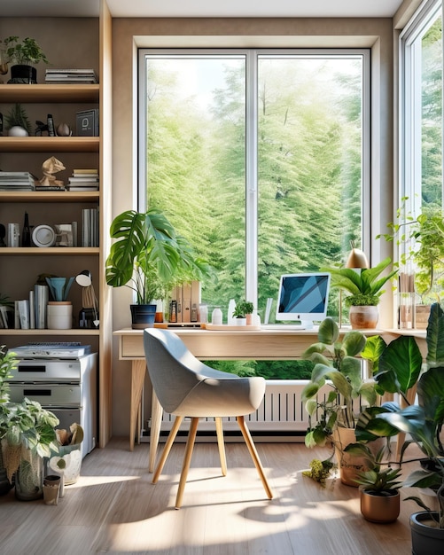 Casa moderna beleza escritório mesa plantas verdes relaxar e boas energias espaço sonho estudante e trabalhador