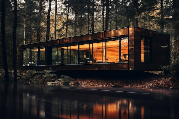 Una casa moderna en un bosque a orillas de un río.