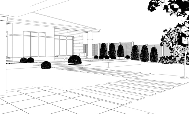 Casa moderna cabaña vista exterior ilustración 3d esquema de boceto