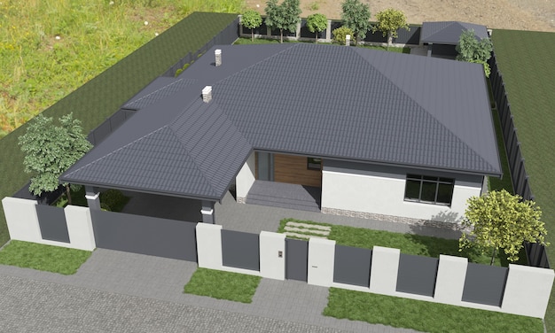 Casa moderna casa de campo vista externa ilustração 3d renderização em 3d