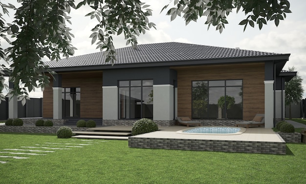 casa moderna casa de campo vista externa ilustração 3D renderização em 3D