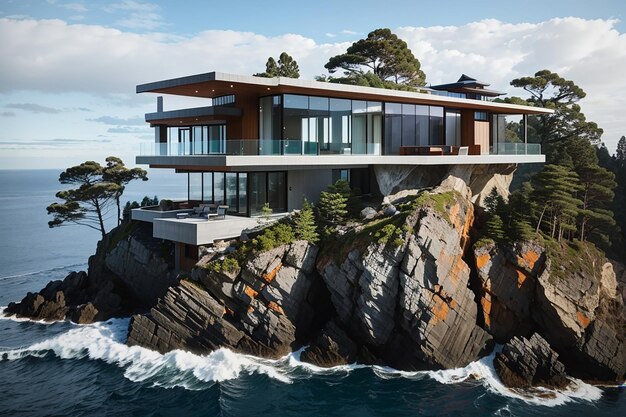 Foto casa moderna en la cima de un alto acantilado el diseño arquitectónico y las olas del océano chocan contra ella