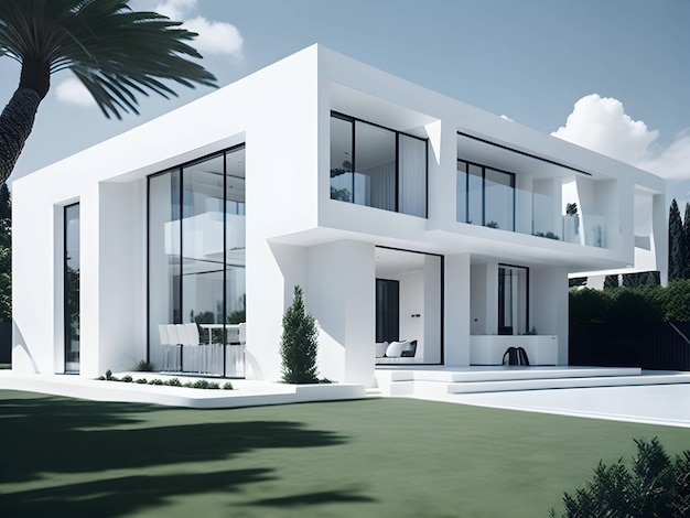 una casa moderna de color blanco con un hermoso exterior