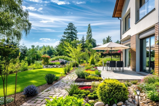 Casa moderna com belo terraço e jardim