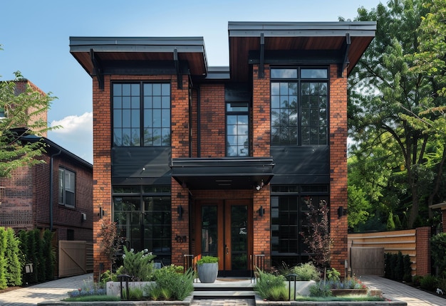 Casa moderna com exterior de tijolos e janelas pretas