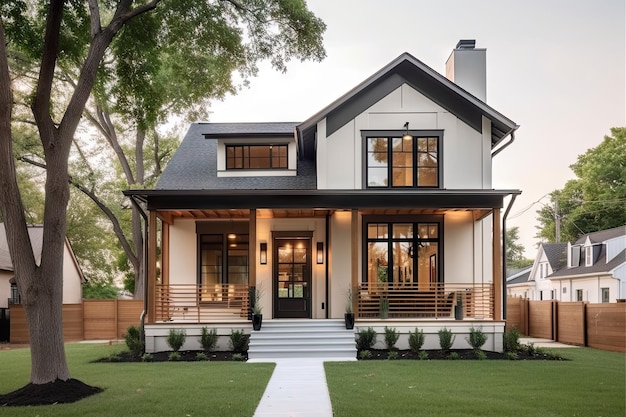 Casa moderna com exterior vintage com janelas elegantes e varanda criada com ai generativa