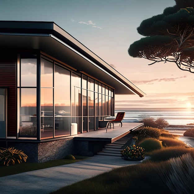 Foto casa moderna com o oceano ao fundo e o pôr-do-sol ia geradora