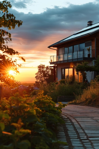 Foto casa moderna com painéis solares no telhado ao pôr do sol