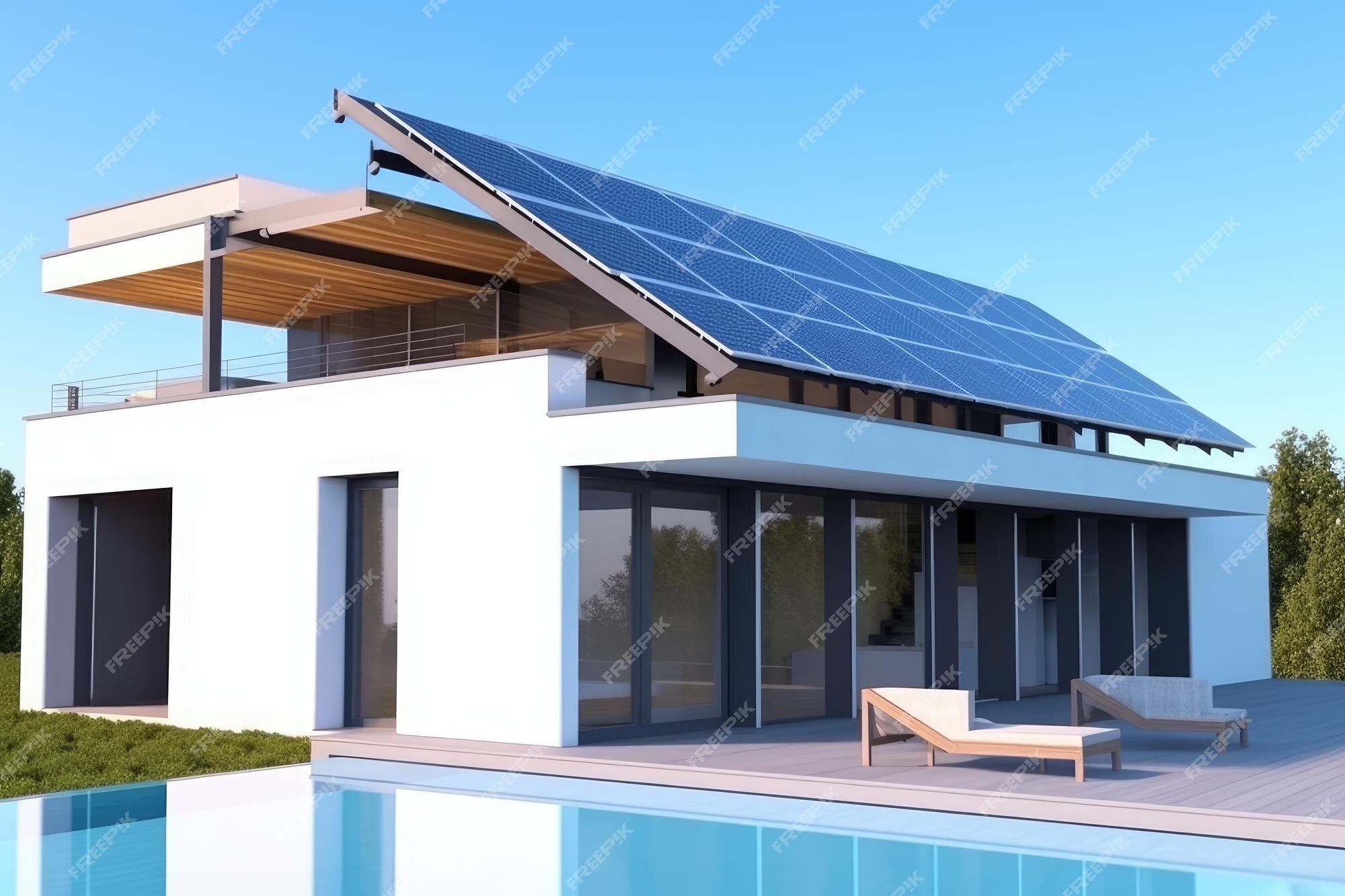 Casas recém-construídas com painéis solares escuros no telhado sob um céu  claro capturando um close da estrutura moderna generative ai