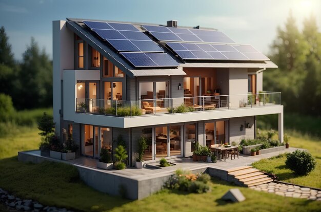 Casa moderna com painéis solares no telhado Painéis fotovoltaicos instalados no telhado