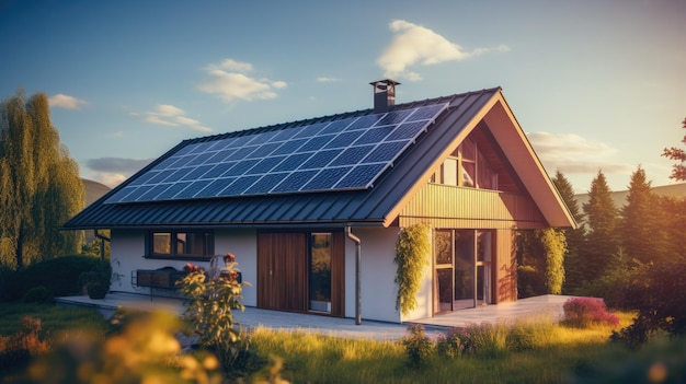 Casa moderna com painéis solares Nova casa suburbana com sistema fotovoltaico no telhado Casa passiva ecológica com quintal ajardinado