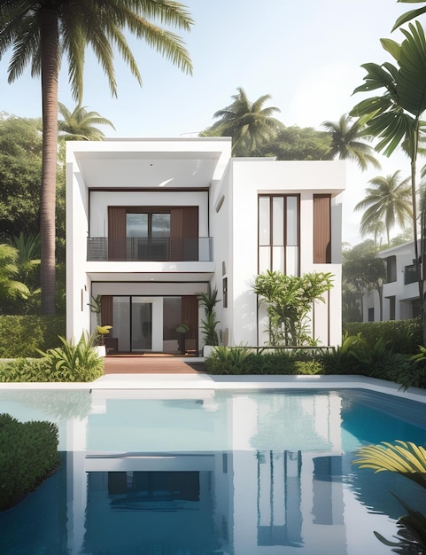 Casa moderna com piscina 3D e renderização com estilo tropical em miami