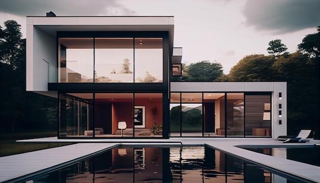 Casa moderna com piscina de jardim e pérgula de madeira