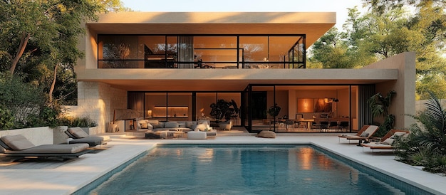Casa moderna com piscina e pátio ao pôr-do-sol