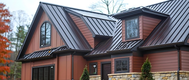 Casa moderna com telhado de aço exterior de metal castanho Conceito de casa de design arquitetura moderna telhado de metal exterior de aço paleta de cores castanho