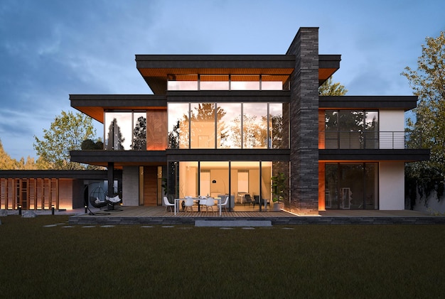 Casa moderna com telhado plano. Visualização 3D. Casa com terraço e janelas panorâmicas. A privada