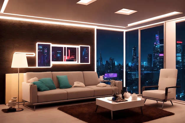 Casa moderna de luxo de design de interiores futurista com arte generativa de luz neon por AI