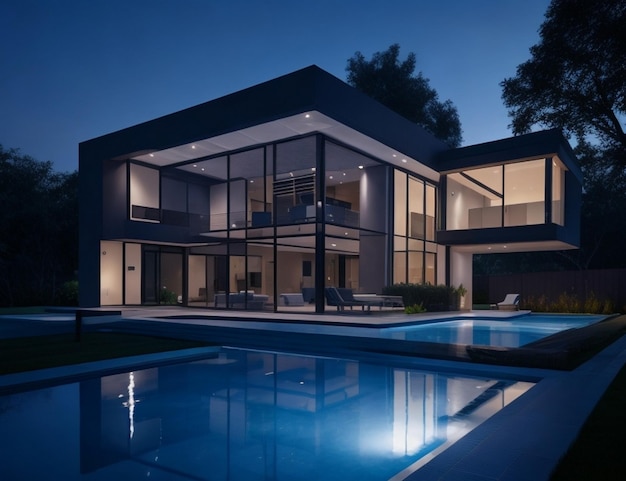 Casa moderna de luxo imobiliária vista noturna piscina