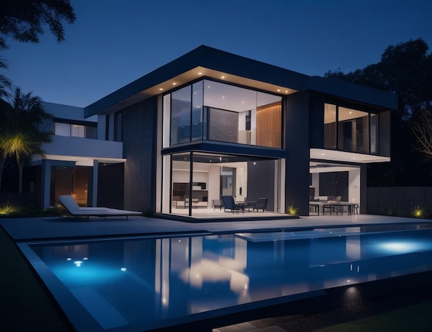 Casa moderna de luxo imobiliária vista noturna piscina