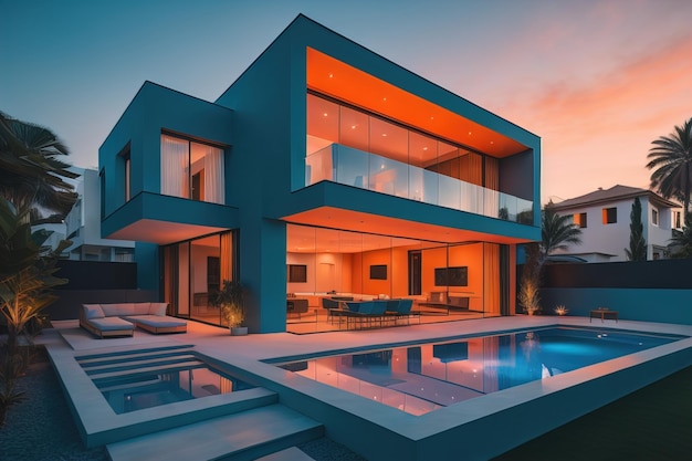Casa moderna e aconchegante com piscina e estacionamento para venda ou aluguel em estilo luxuoso à beira-mar ou oceano ao pôr-do-sol Noite clara de verão com luz suave da janela