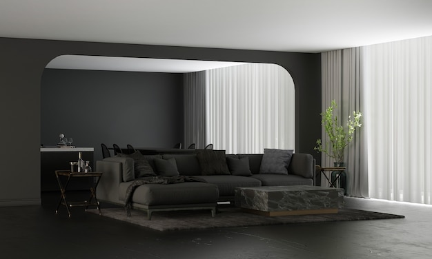 Casa moderna e decoração simulada móveis e design de interiores de aconchegante sala de estar e jantar e despensa e fundo de textura de parede preta renderização em 3d