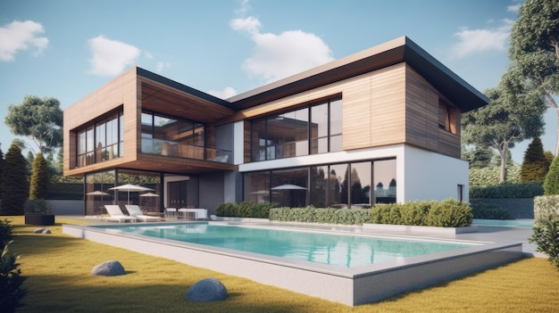 Casa moderna e elegante com design minimalista, terraço espaçoso e piscina no foregro