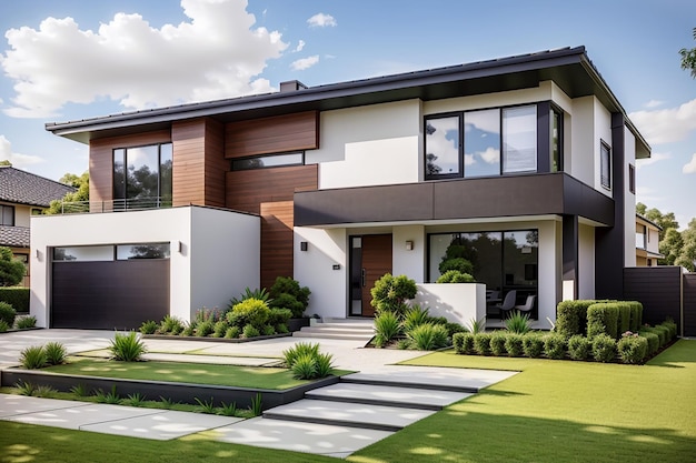 Foto casa moderna e elegante com entrada conveniente e gramados com grama
