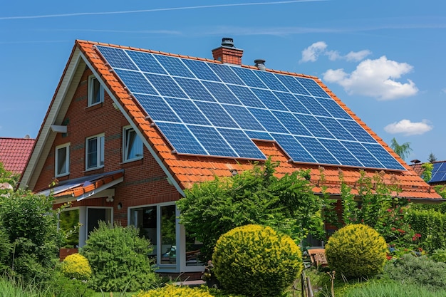 Casa moderna e sustentável com painéis solares no telhado