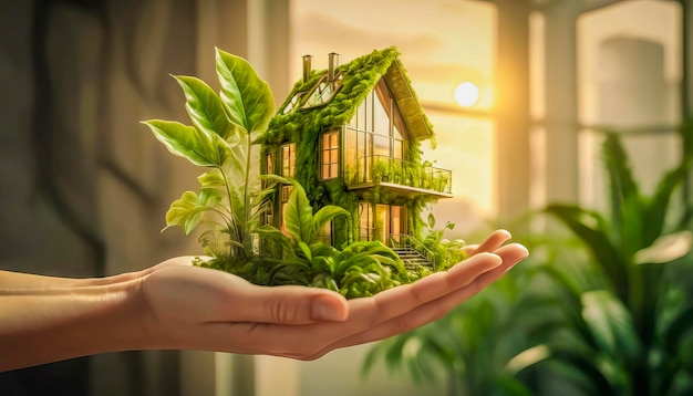 Casa moderna ecológica en manos femeninas concepto de ecología y protección del medio ambiente