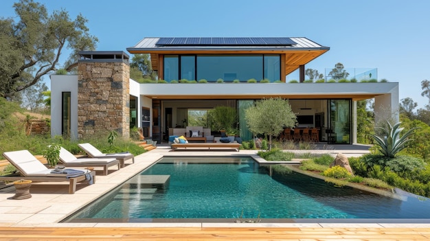Una casa moderna y ecológica con paneles solares y vegetación