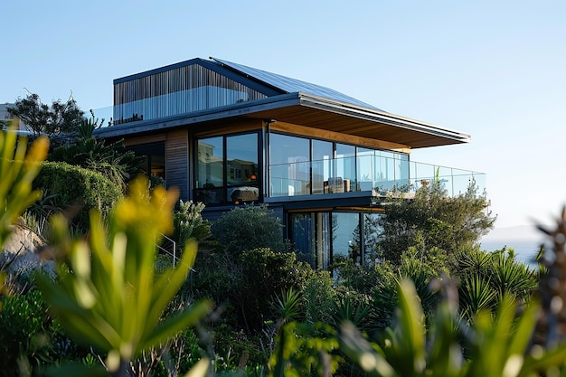 Casa moderna de energía verde con paneles solares y cielo azul