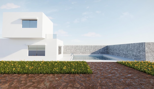 Casa moderna exterior de renderização 3D em estilo de arquitetura minimalista com luz solar