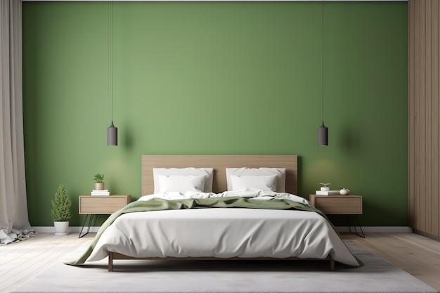 Una casa moderna en el fondo con una acogedora habitación verde con muebles blancos y mesas de madera natural Interior elegante de la maqueta interior de la habitación IA generativa