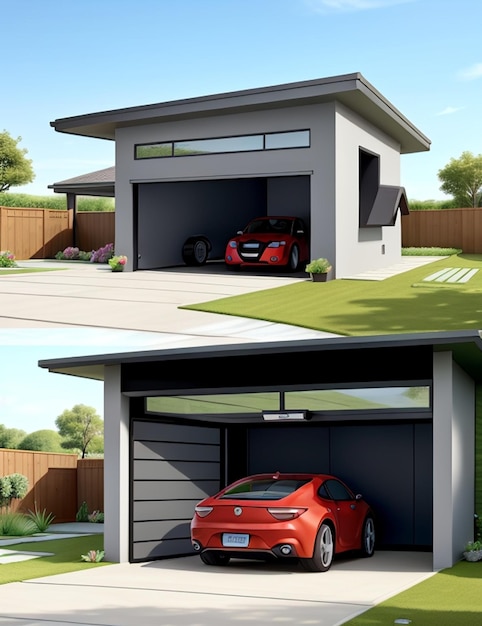 Una casa moderna con un garaje y una puerta de garaje un coche de jardín