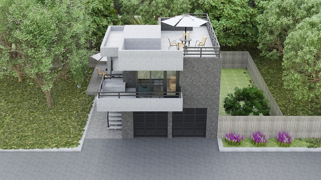 Casa moderna con jardín y garaje. Representación 3D.