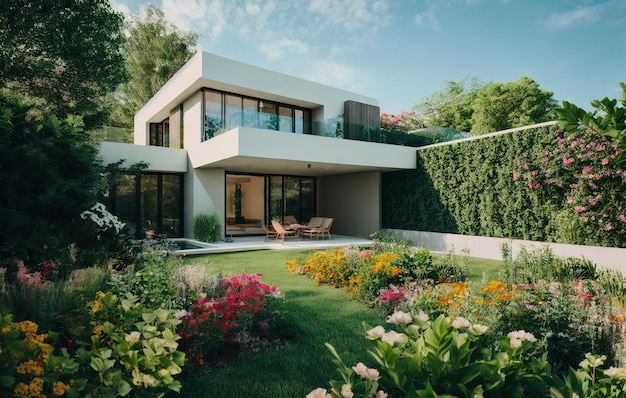 casa moderna con jardín en el parque palmeras de verano con hermosa vista