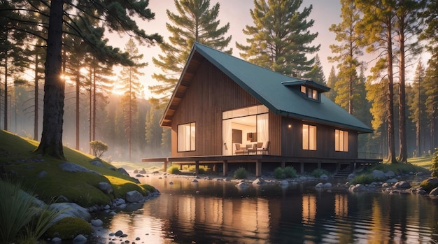 Una casa moderna junto a un arroyo en el bosque al amanecer.