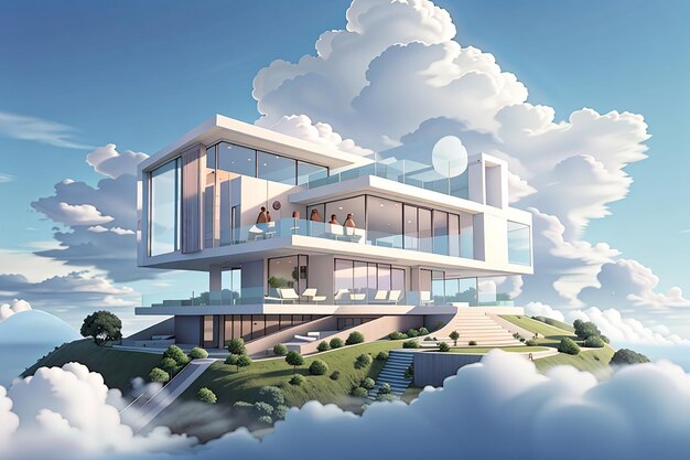 Casa moderna de lujo en las nubes, casa de ensueño, ilustración 3d