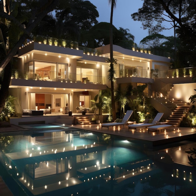 Casa moderna de lujo con piscina y salones por la noche