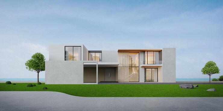 Casa moderna de lujo sobre césped con vista al mar y cielo azul Concepto de bienes raíces o propiedad