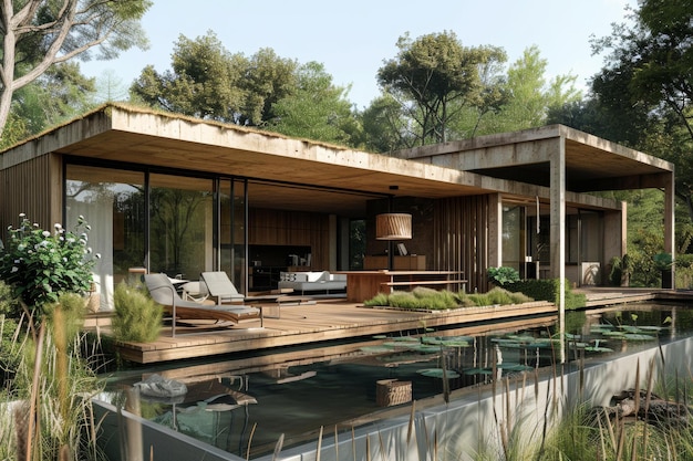 Casa moderna y minimalista con elementos naturales como la madera y el agua
