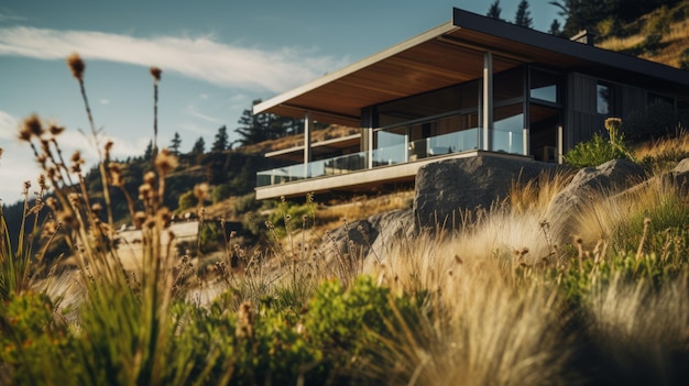 Casa moderna na encosta das montanhas, natureza, musgo e paisagens marinhas silenciosas
