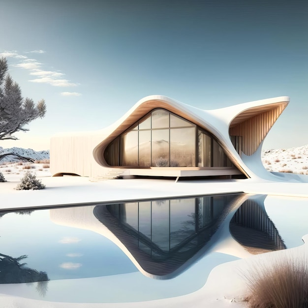 Casa moderna no meio da paisagem de neve Generative AI