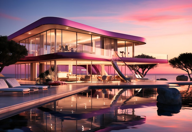una casa moderna en el océano al atardecer
