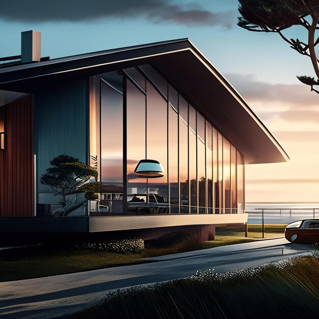 Casa moderna con el océano en el fondo y la puesta de sol IA generativa