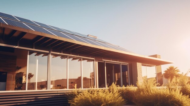 Casa moderna con paneles solares bajo un cielo soleado Concepto de energía renovable IA generativa