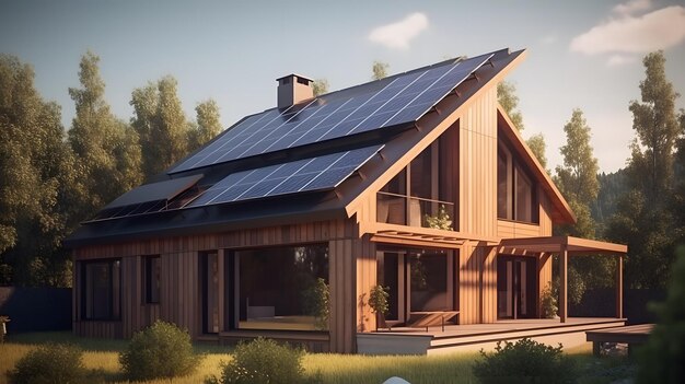 Casa moderna con paneles solares fotovoltaicos en el techo Estilo de representación 3D del concepto de casa ecológica Ai generativo